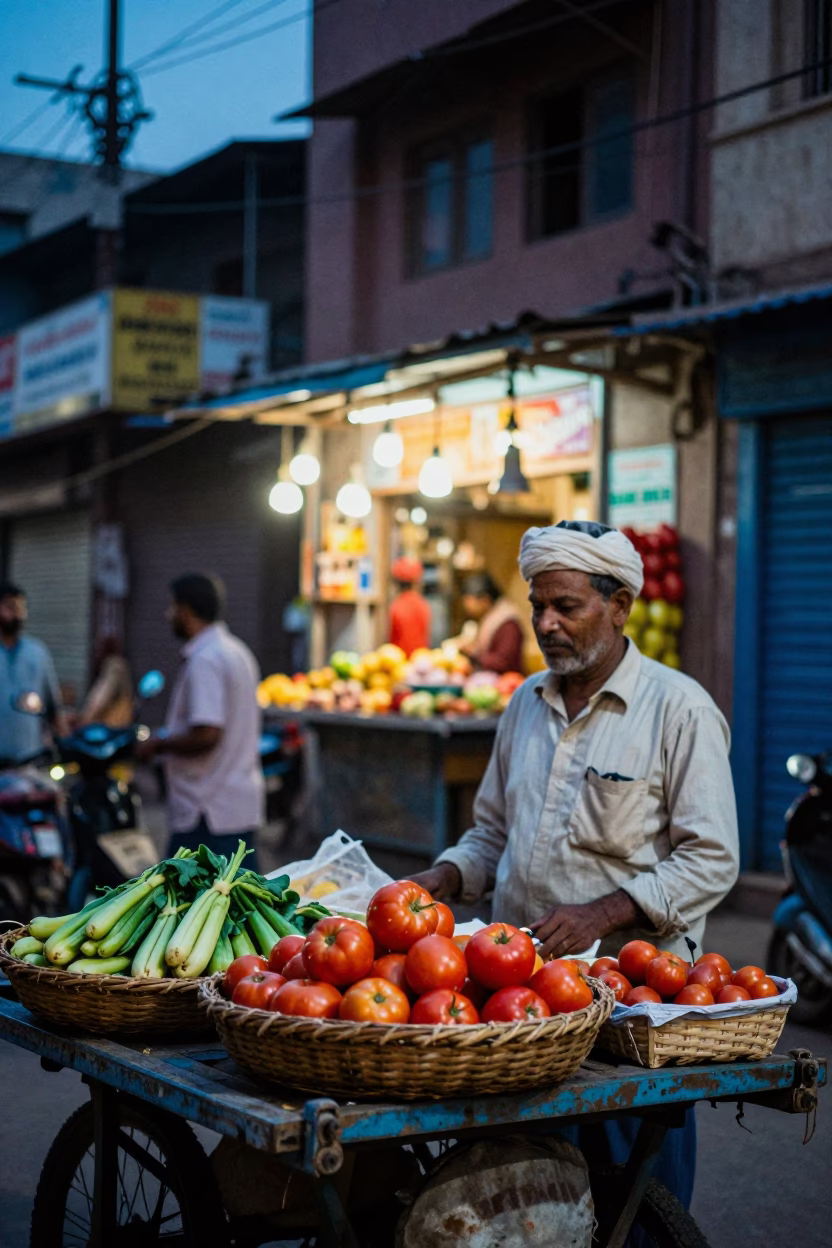 Delhi India Twilight Street Scene with Vendor Basket and Tomatoes in in Delhi, India