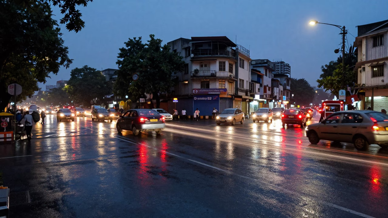 Delhi India twilight street scene with wet pavement and glowing taillights in in Delhi, India