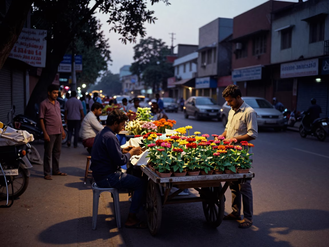 Delhi India Twilight Street Scene with Zinnias and Local Market Activity in in Delhi, India