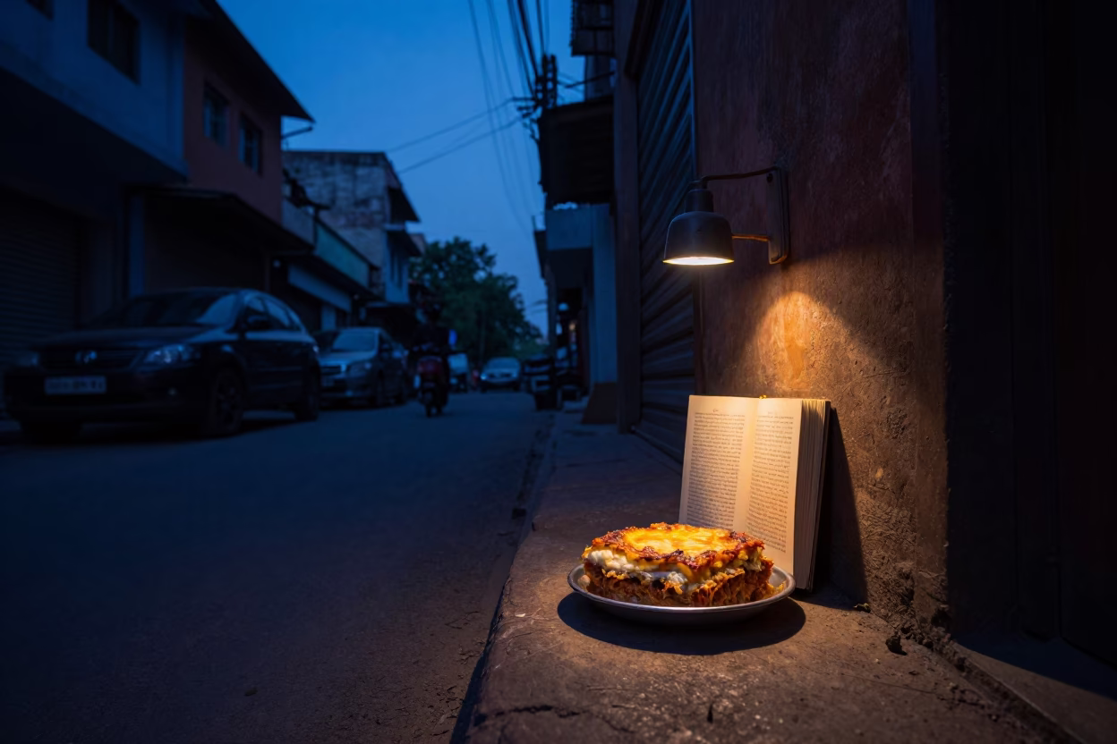 Delhi Indigo Twilight Street Scene with Book Light and Urban Details in in Delhi, India