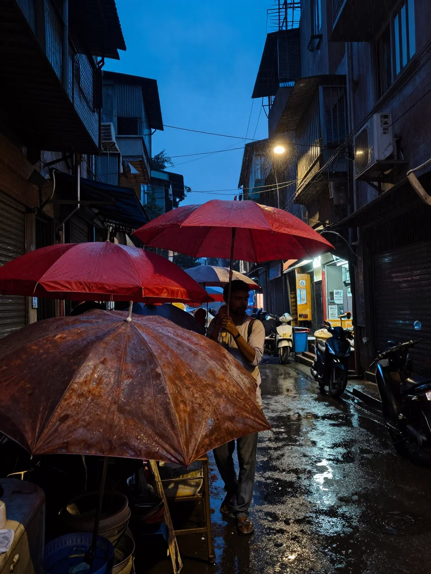Delhi Indigo Twilight Street Scene With Umbrellas And Rusty Latch Details in in Delhi, India