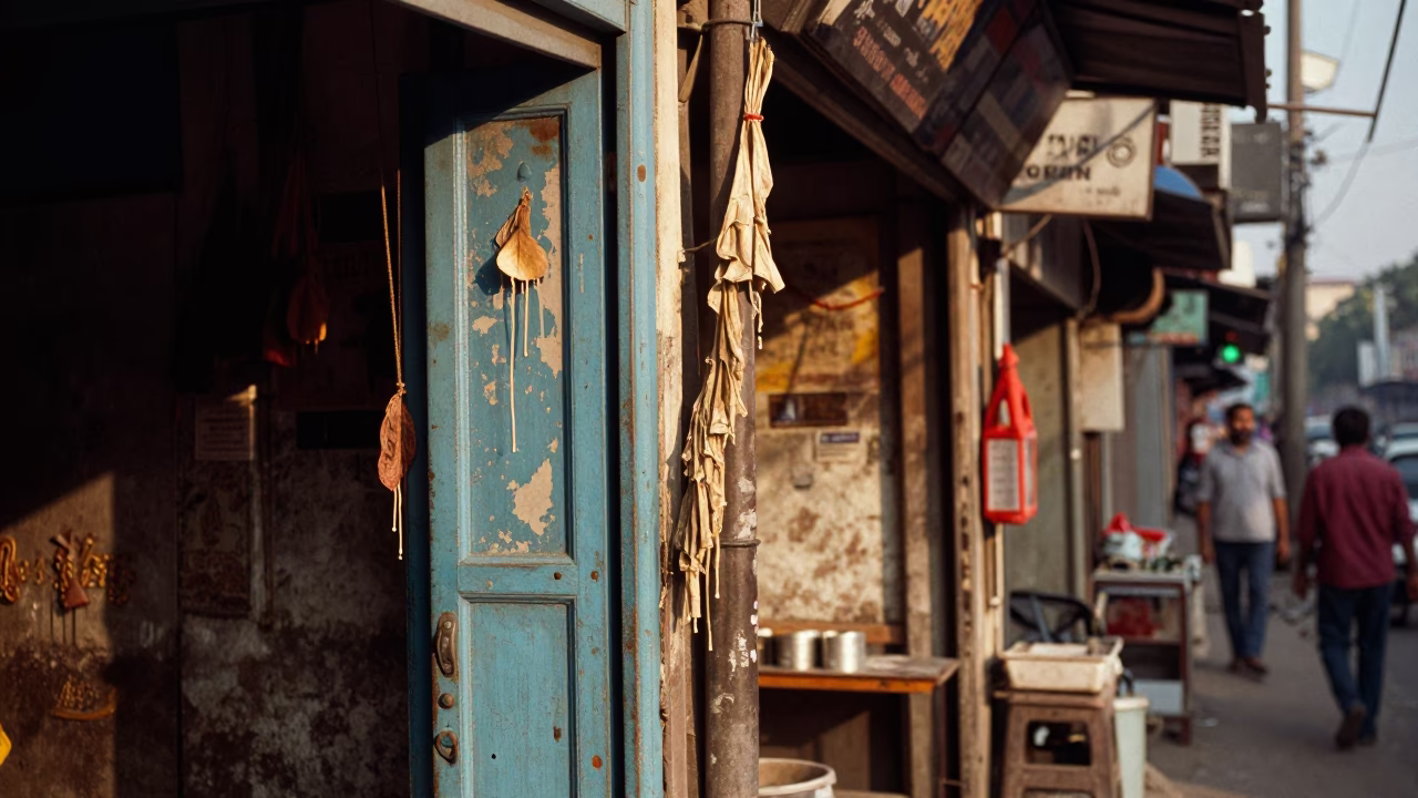 Delhi Late Afternoon Street Scene with Dried Enamel Drips and Rust Around Doorframe in in Delhi, India