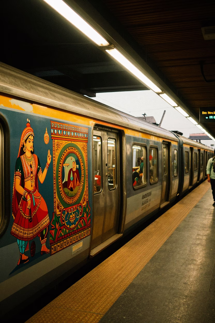 Delhi Metro Train Arrival at Art-Adorned Station in Predawn Mist Before Dawn in in Delhi, India