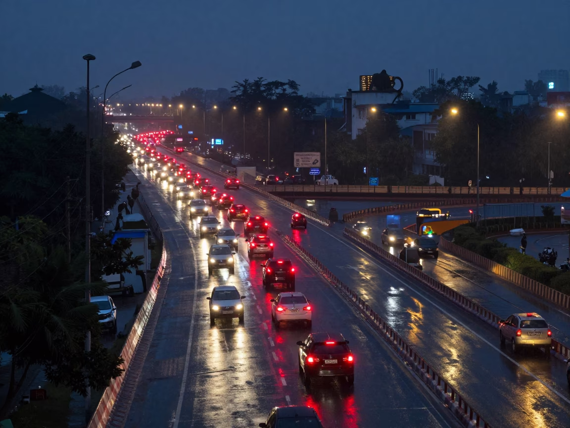 Delhi Midnight Traffic Interchange Rain Reflections Langur Monkey Urban Wildlife in in Delhi, India