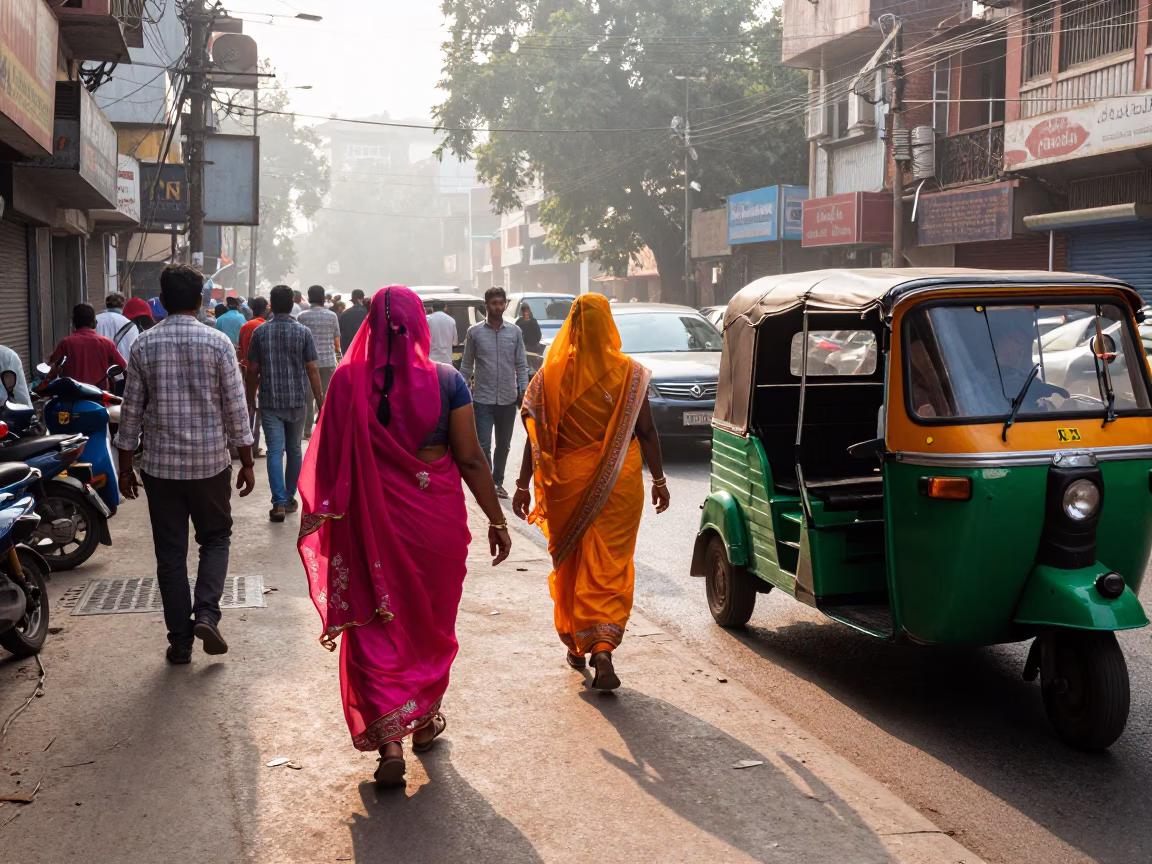 Delhi Morning Street Life with Colorful Sarees and Auto Rickshaws in First Light in in Delhi, India