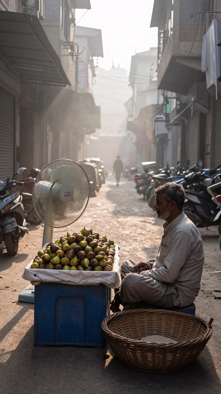 Delhi morning street scene with vendor selling fresh figs near doorway in in Delhi, India