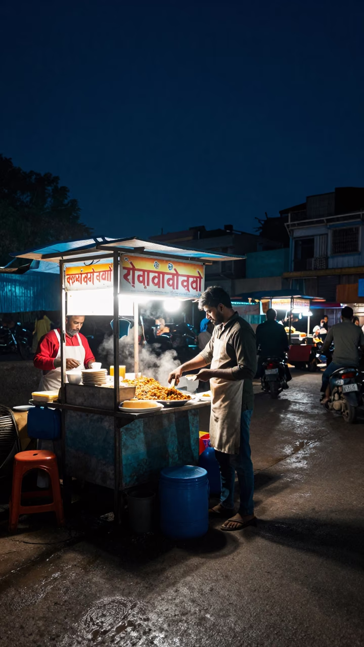 Delhi Night Street Food Vendor Serving Hot Fatteh Bowl Under Starlight in in Delhi, India