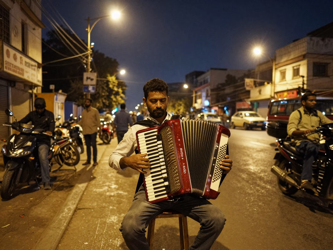 Delhi Night Street Scene with Man Playing Accordion Under Deep Night Sky in in Delhi, India