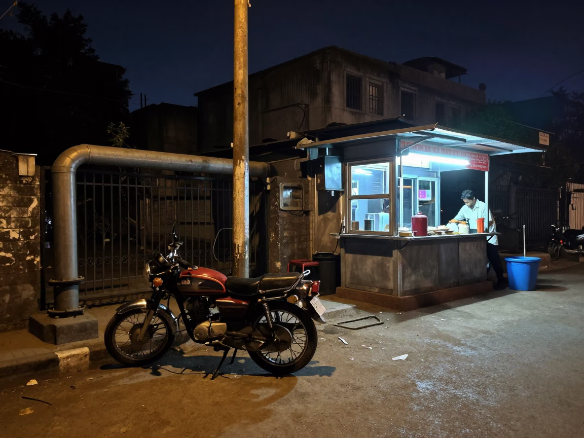 Delhi Night Street Scene with Motorcycle and Gas Pipeline Marker Under Deep Sky in in Delhi, India