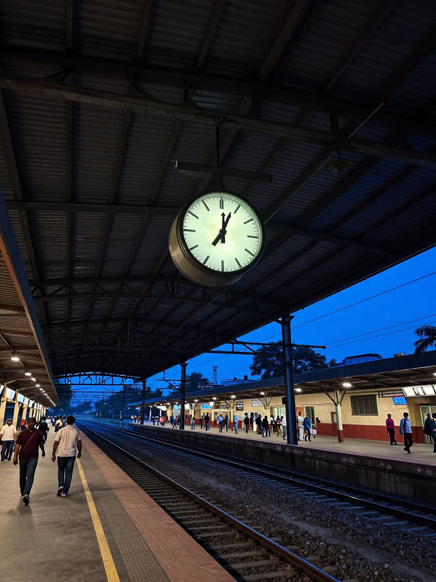 Delhi Railway Station Evening Blue Hour Iron Roof Clock and Travelers in in Delhi, India