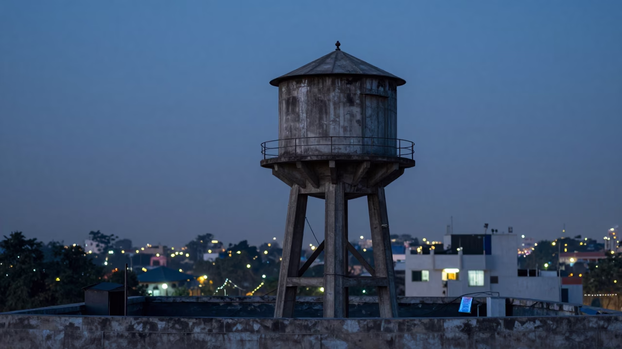 Delhi Rooftop Water Tower at Dusk with Drying Paper and Leaf Shadows in in Delhi, India