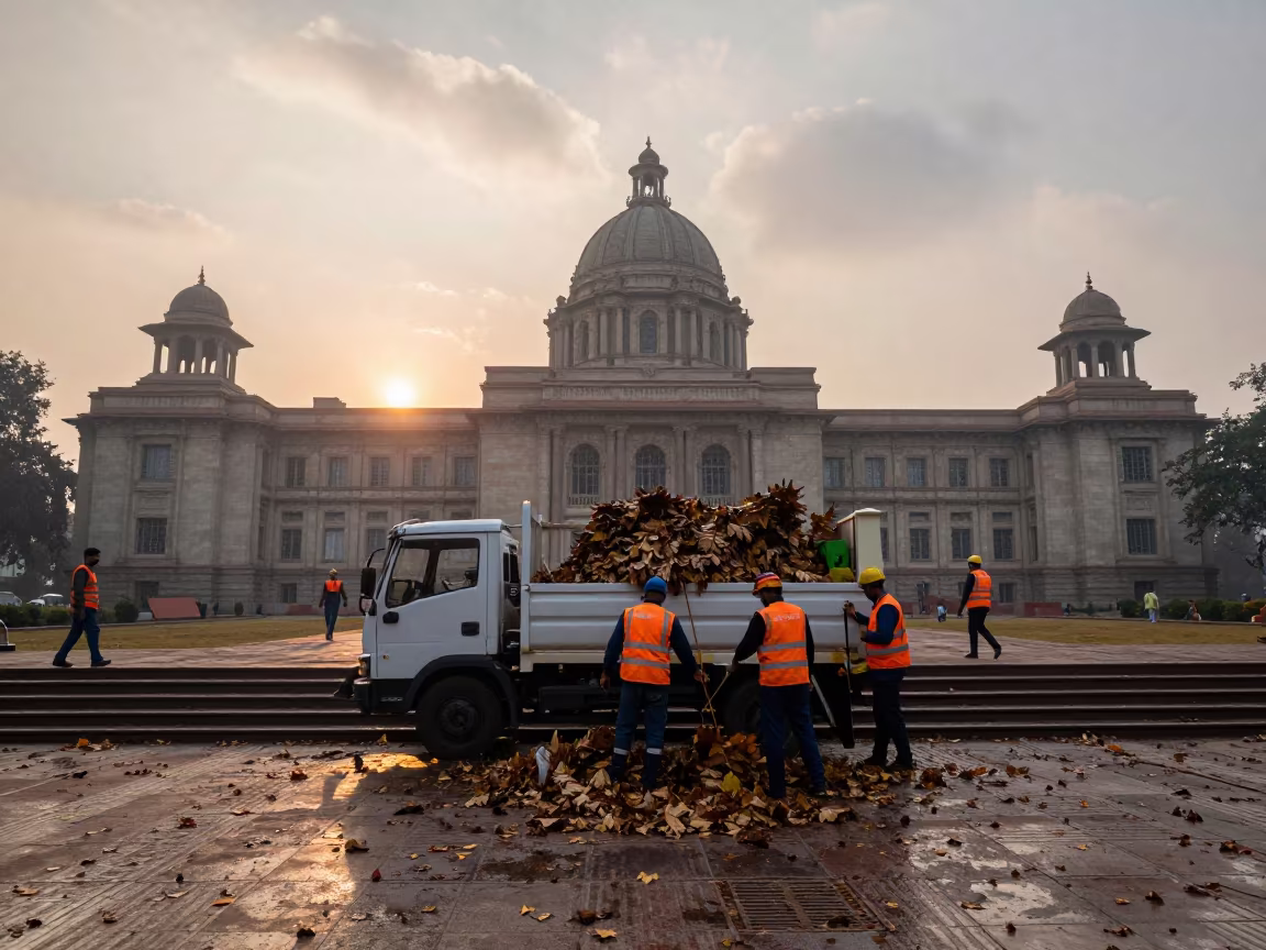 Delhi Sanitation Crew Clears Leaves at City Hall Dawn in on the steps of city hall near Delhi