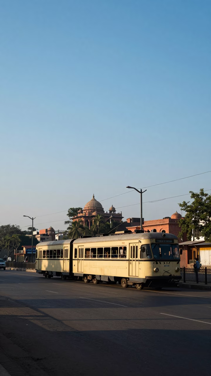 Delhi Skyline and Heritage Tram in Late Afternoon Clear Light in in Delhi, India
