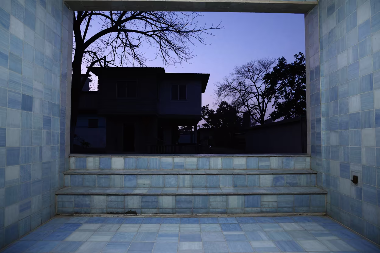 Delhi Stair Hall Silhouette Over Wooded Ravine in inside a tiled stair hall in Delhi
