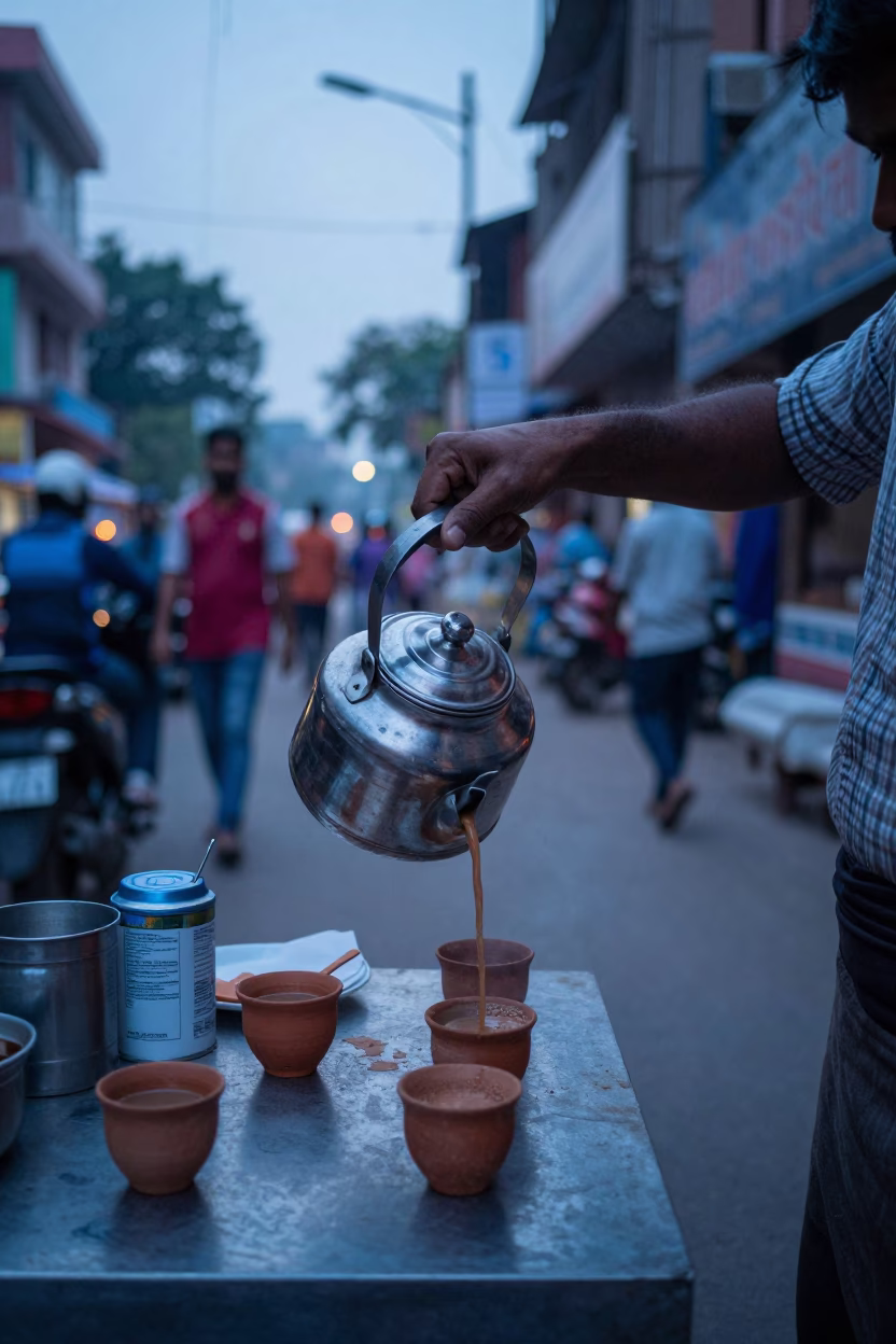 Delhi Street Breakfast at Nautical Dawn with Tea Tin and Trowel in in Delhi, India