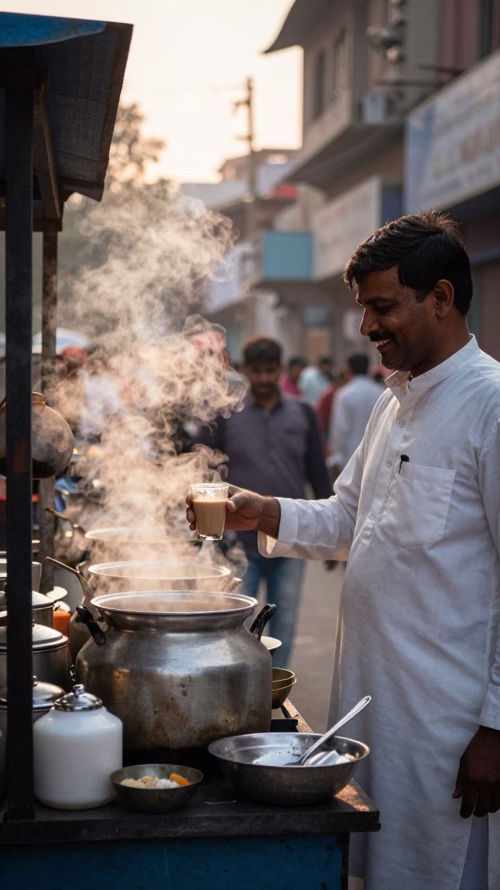 Delhi street breakfast stall at dawn with sugar bowl and smiling vendor in in Delhi, India