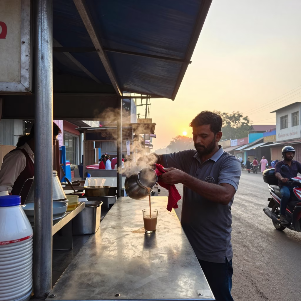 Delhi Street Breakfast Stall at Sunrise with Chai Tea Towels and Steam in in Delhi, India