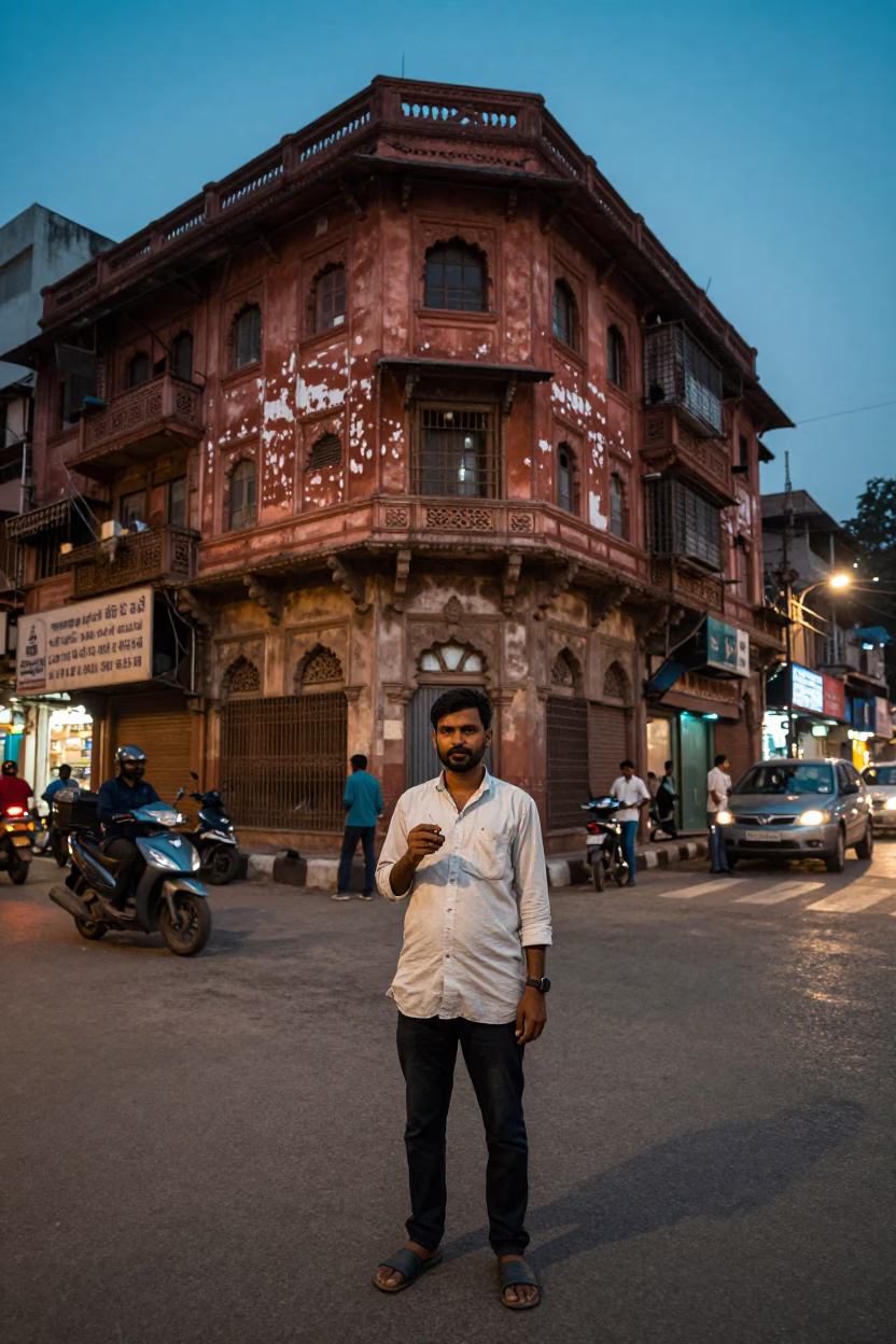 Delhi street corner at dusk with man holding locket and woven mats in in Delhi, India