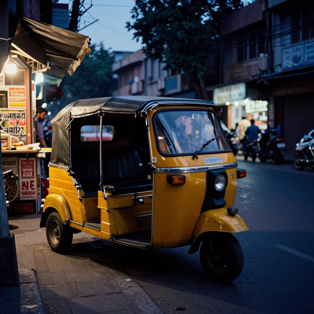 Delhi street corner at indigo twilight with parked rickshaw and warm shop light in in Delhi, India