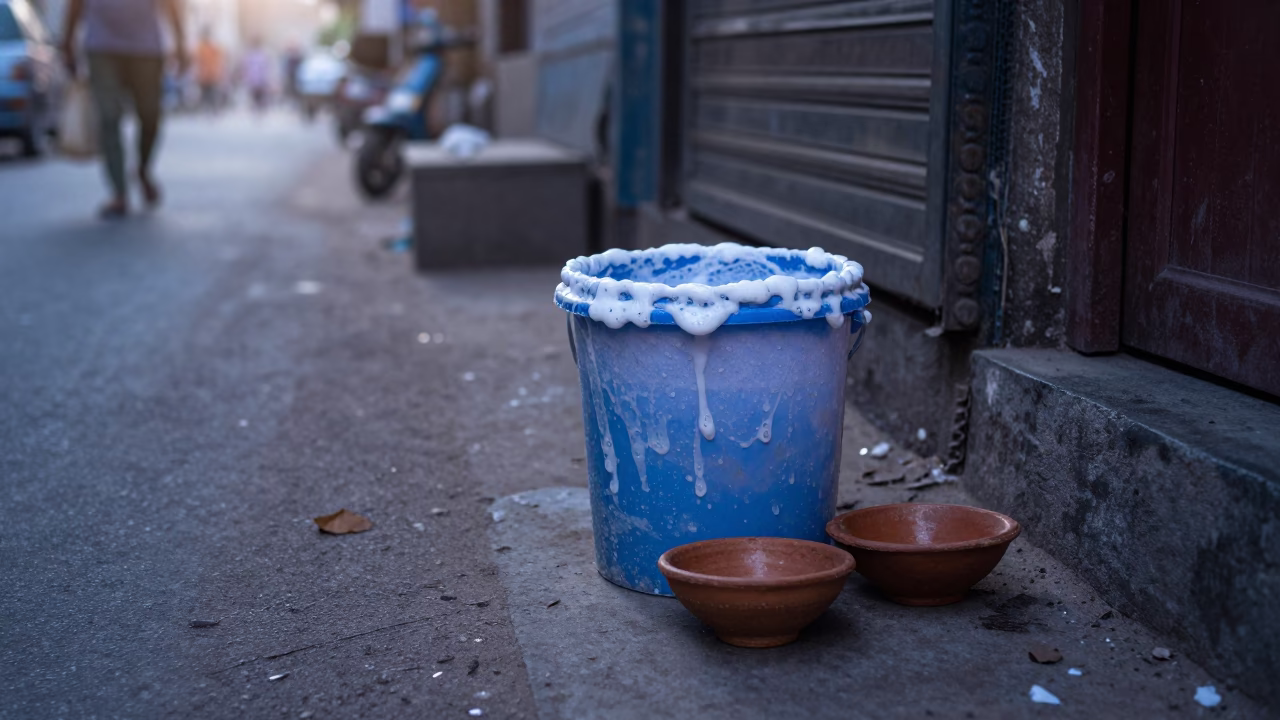 Delhi street corner pre-dawn with soap bucket and terracotta bowls in in Delhi, India