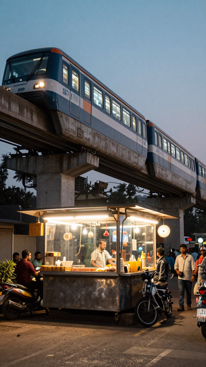 Delhi street evening monorail and chai stall with glass sugar jar in in Delhi, India