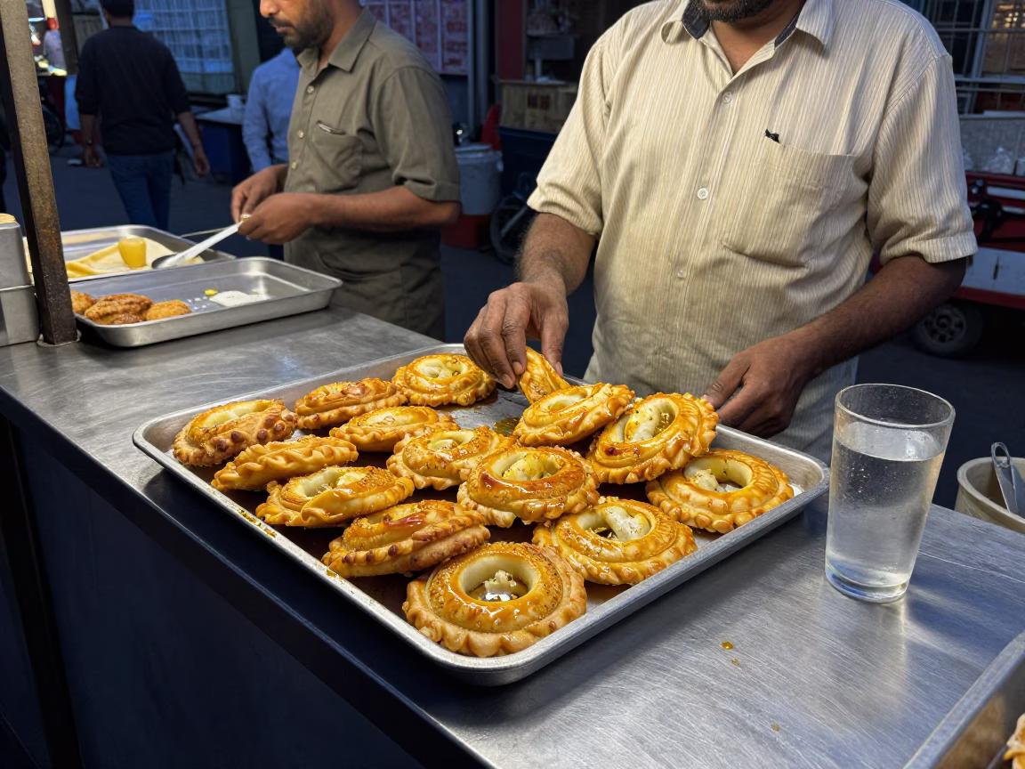 Delhi Street Food Stall Evening Scene with Tray of Mandazi and Glass Tumbler in in Delhi, India