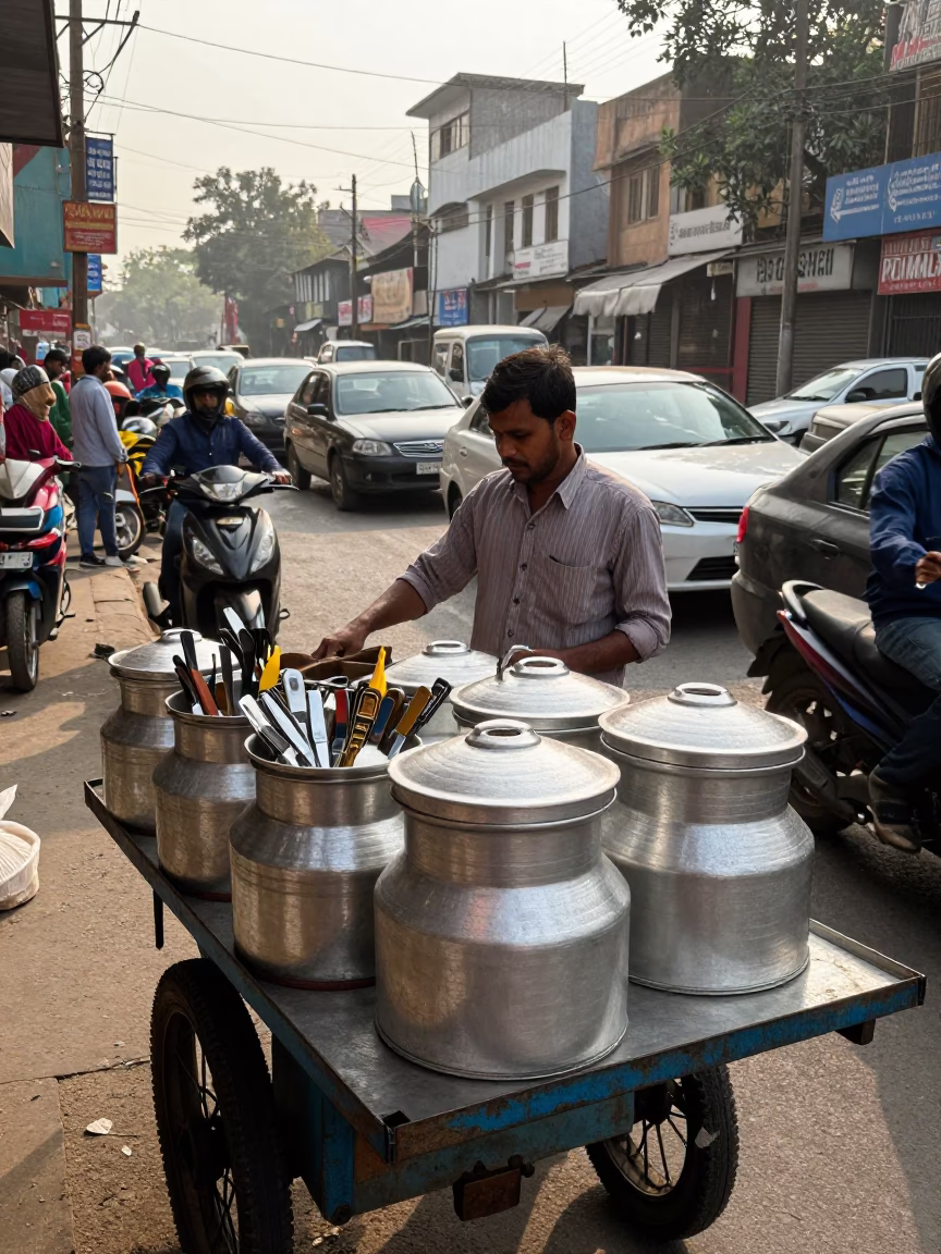 Delhi Street Food Stall with Metal Utensil Crocks and Turnips in Late Morning Light in in Delhi, India