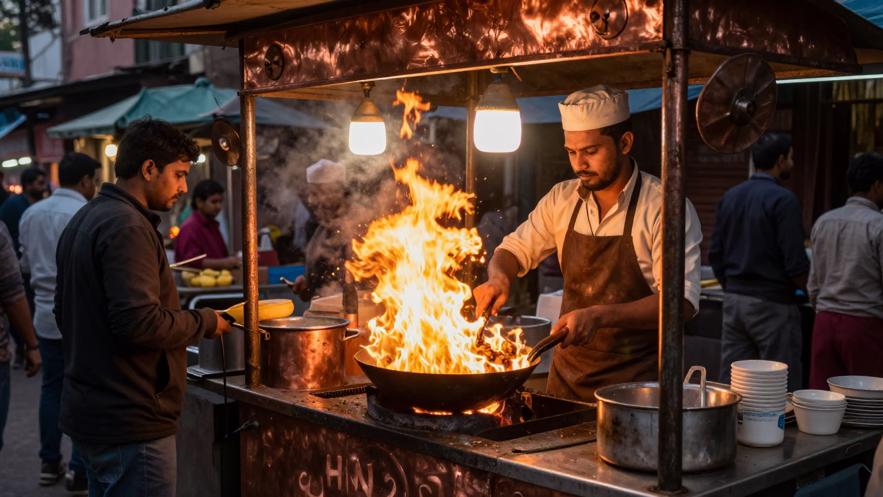 Delhi Street Food Stall with Wok Flames in Copper-Toned Dusk Light in in Delhi, India