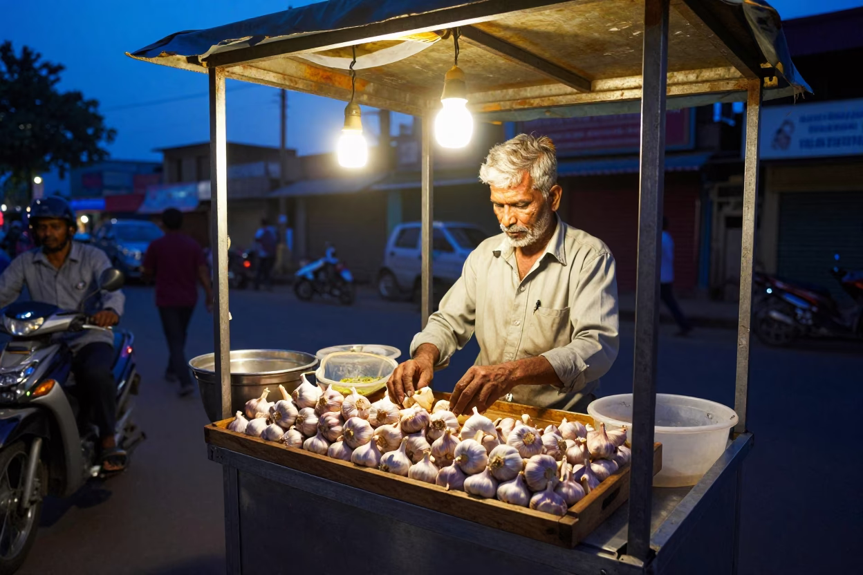 Delhi Street Food Vendor at Indigo Twilight with Garlic and Plastic Stools in in Delhi, India