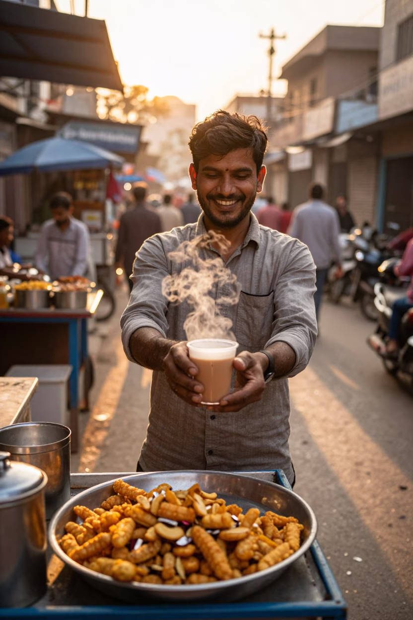 Delhi Street Food Vendor Serving Chai and Snacks During Golden Hour Sunset in in Delhi, India