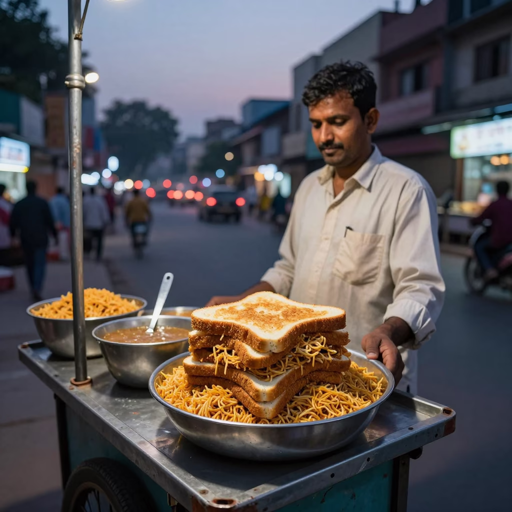 Delhi street food vendor serving fatteh at dusk with evening city lights in in Delhi, India