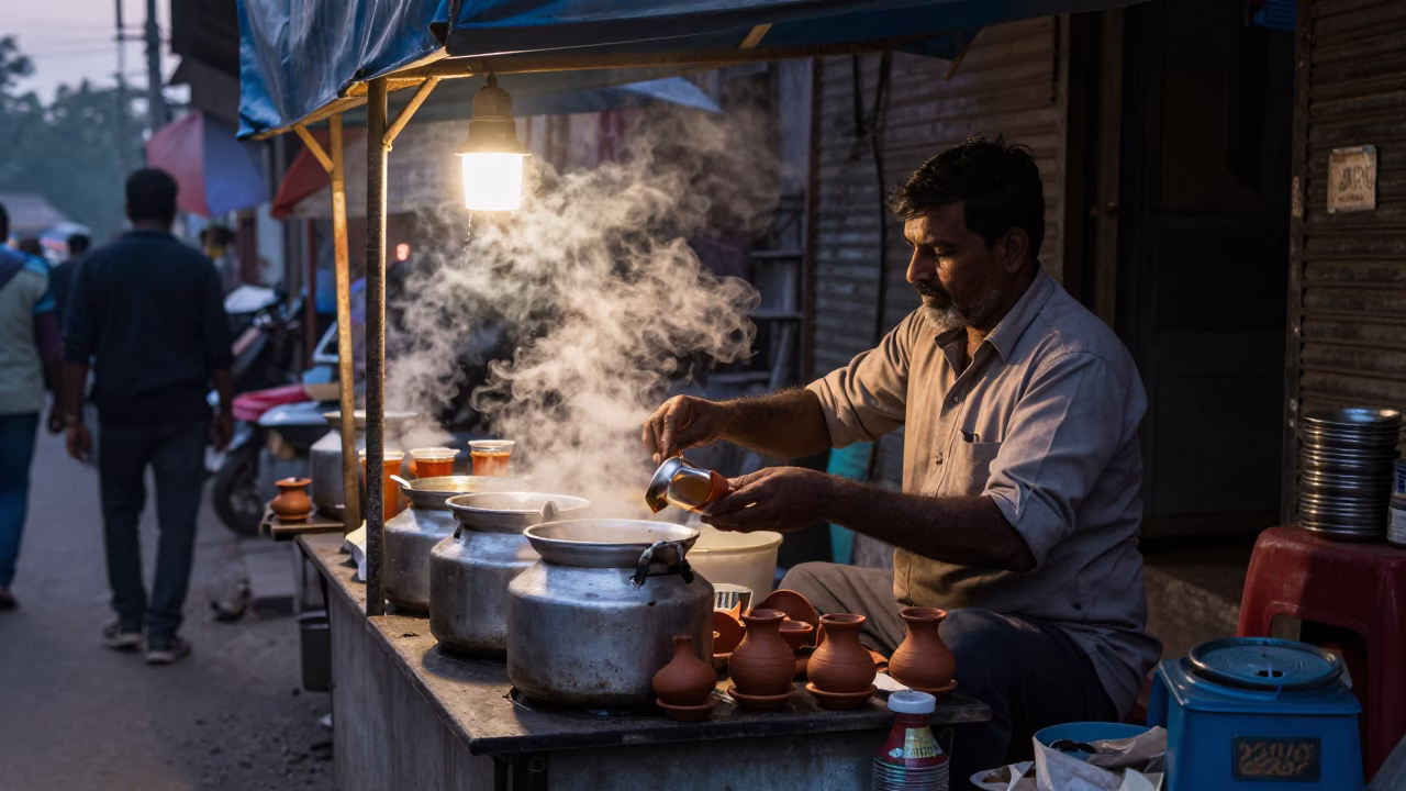 Delhi street food vendor serving hot tea in clay cups before dawn in in Delhi, India