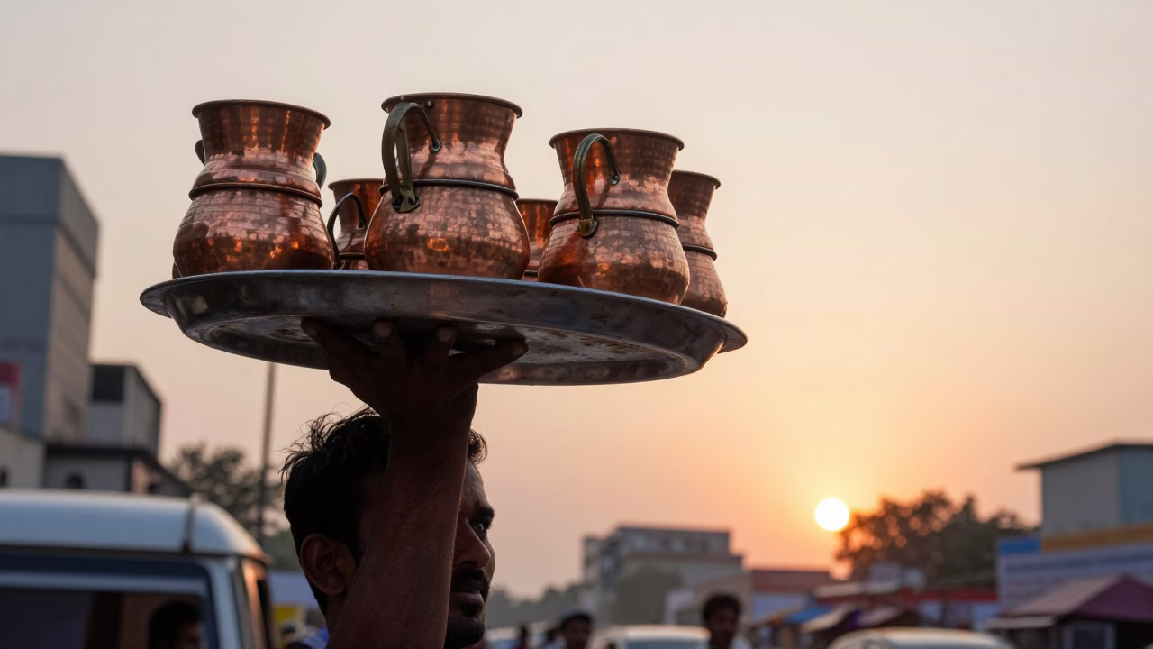 Delhi street food vendor serving indian curry in copper bowls at sunset in in Delhi, India