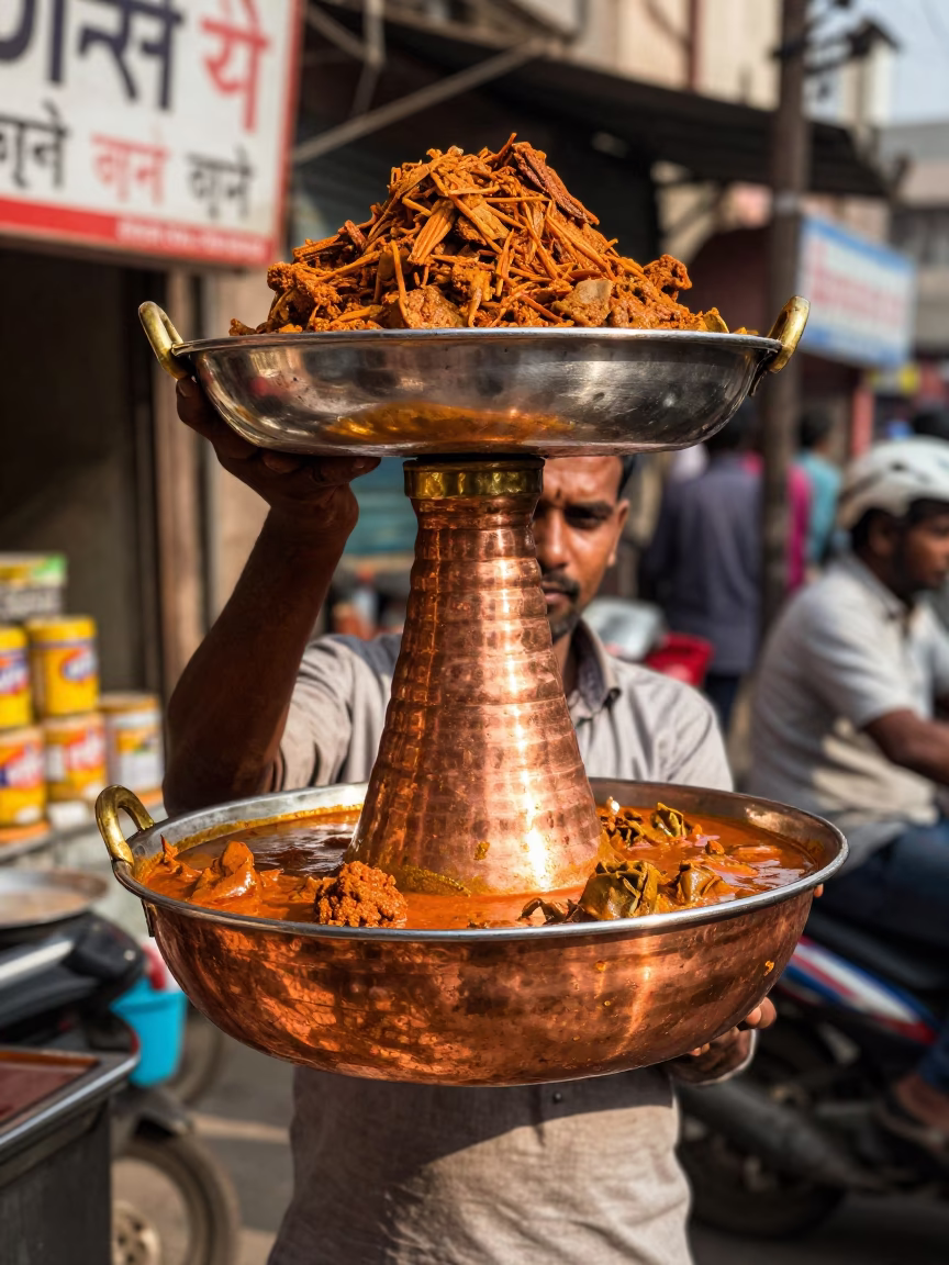 Delhi street food vendor serving indian curry in copper bowls during early afternoon traffic in in Delhi, India