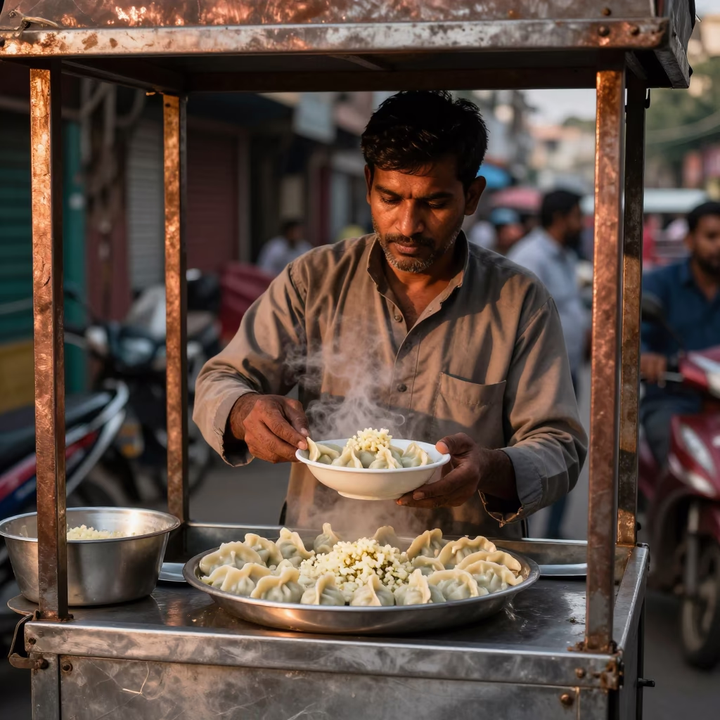 Delhi Street Food Vendor Serving Manti Dumplings with Garlic Yogurt in Copper Dusk Light in in Delhi, India