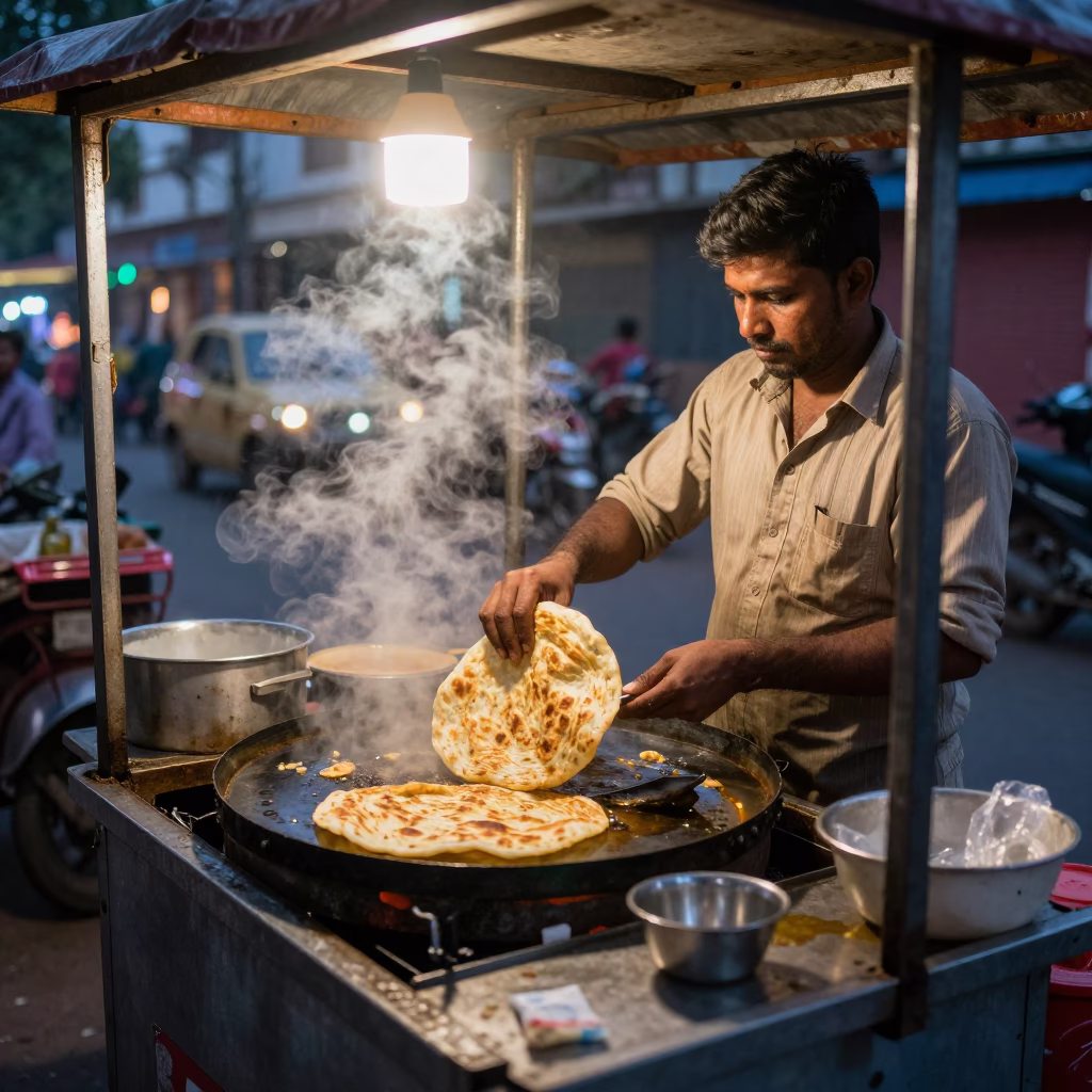 Delhi street food vendor serving parathas under evening electric lights with wicker basket shadows in in Delhi, India