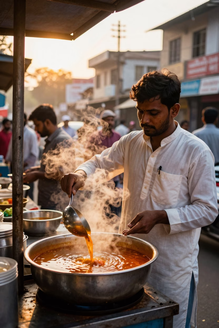 Delhi street food vendor serving spicy tamarind broth in golden hour sunlight in in Delhi, India