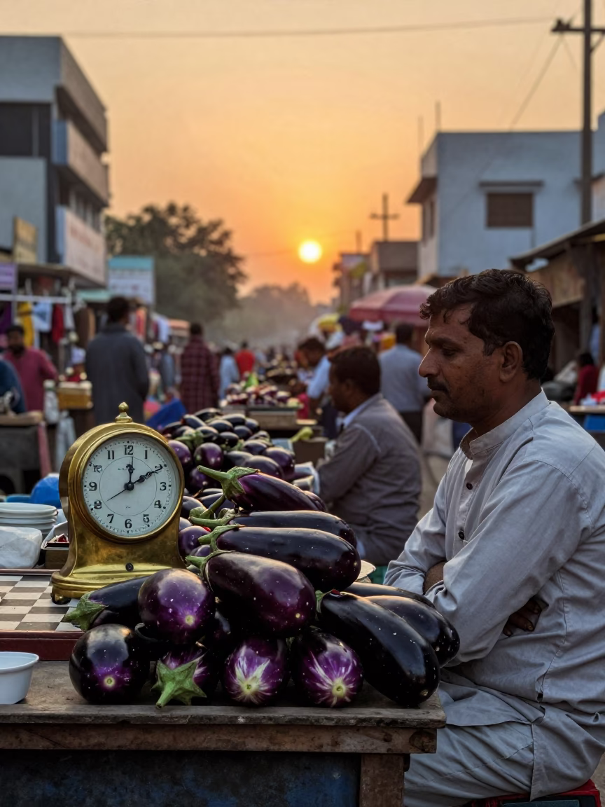 Delhi Street Market Scene with Chess Clock and Eggplants at Sunset in in Delhi, India