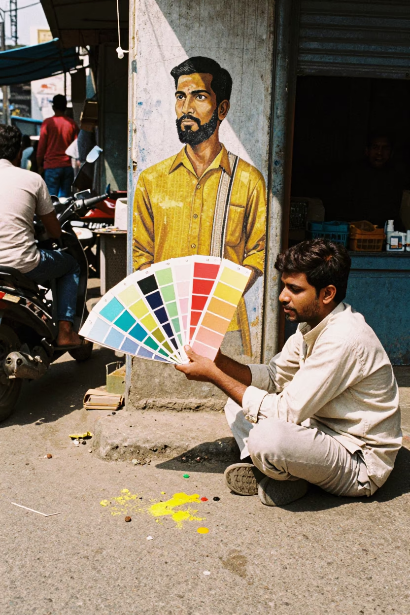 Delhi Street Market Scene with Muralist Paint Swatches and Colorful Urban Details in in Delhi, India