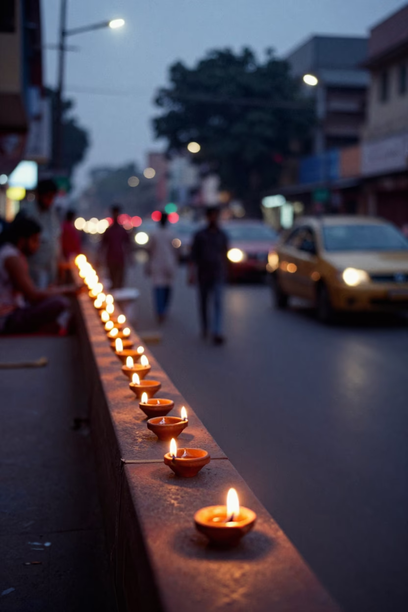Delhi Street Night Scene with Diwali Oil Lamps and Local Market Activity in in Delhi, India