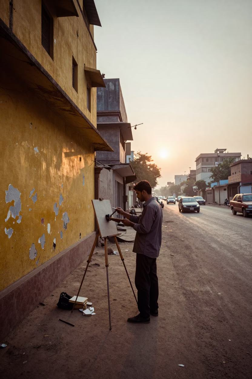 Delhi Street Photographer at Sunrise with Easel and Cityscape Background in in Delhi, India