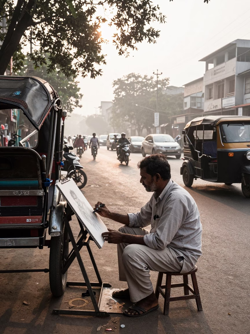 Delhi Street Portrait Artist Sketching with Charcoal at Nautical Dawn in in Delhi, India