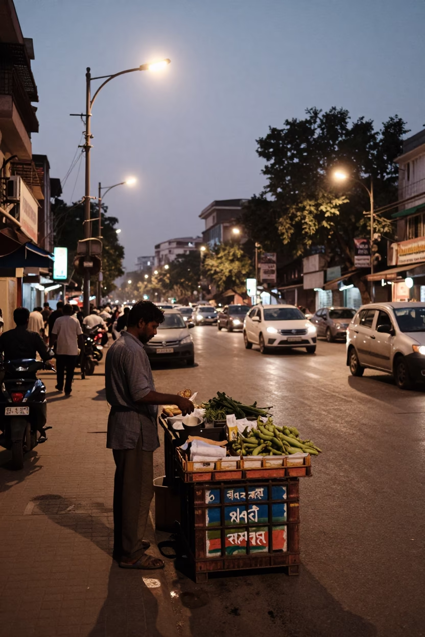 Delhi Street Scene at As City Lights Begin To Glow in in Delhi, India
