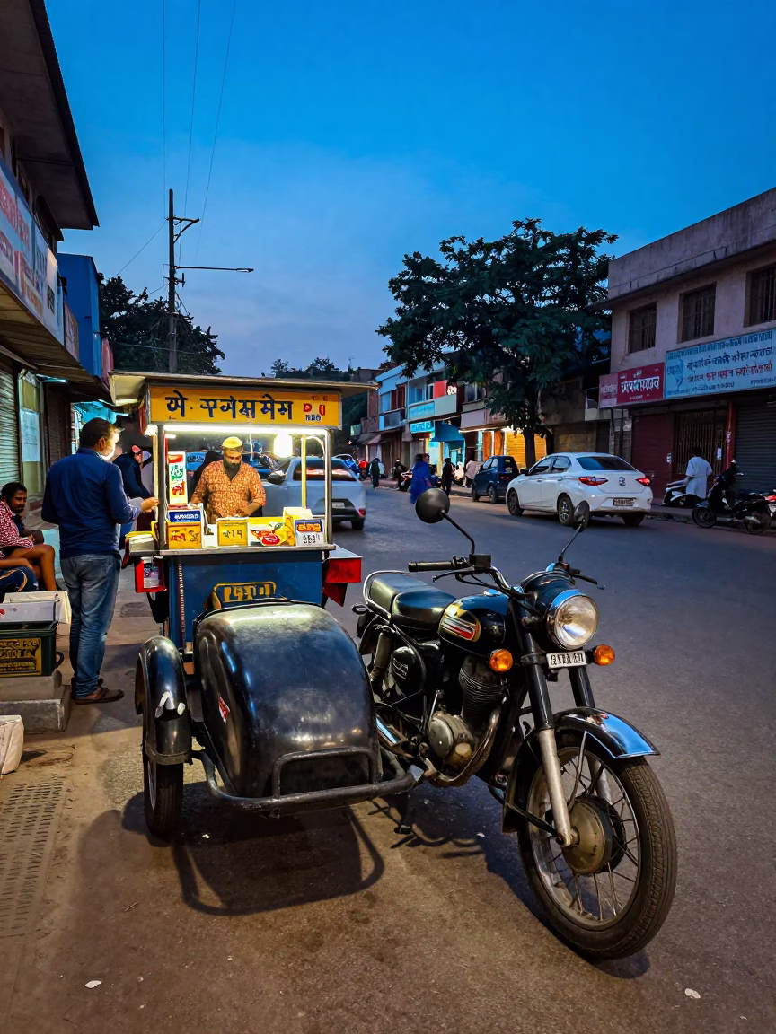 Delhi street scene at blue hour with vintage motorcycle and local vendor in in Delhi, India