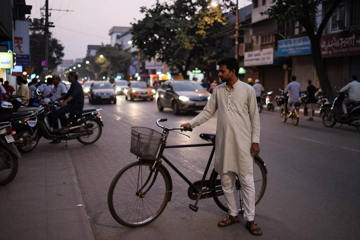 Delhi street scene at dusk with bicycle basket and toolbox near historic architecture in in Delhi, India