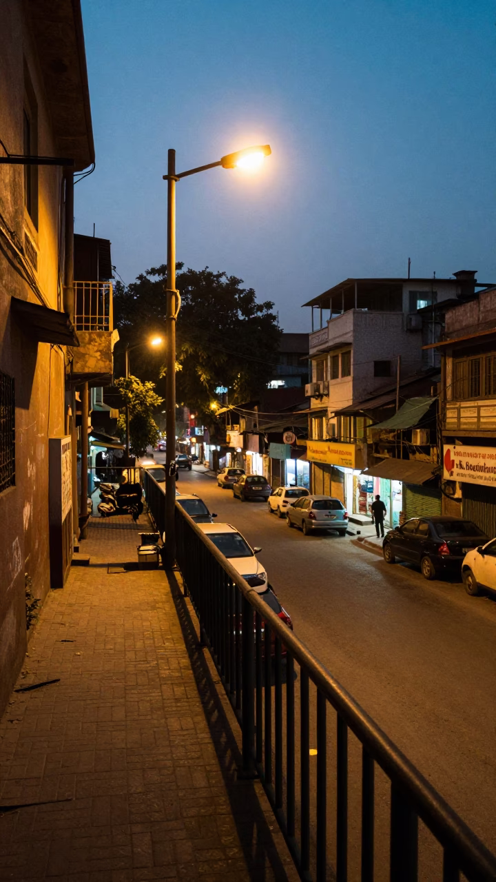 Delhi street scene at dusk with stair rail and traditional spring rolls in in Delhi, India