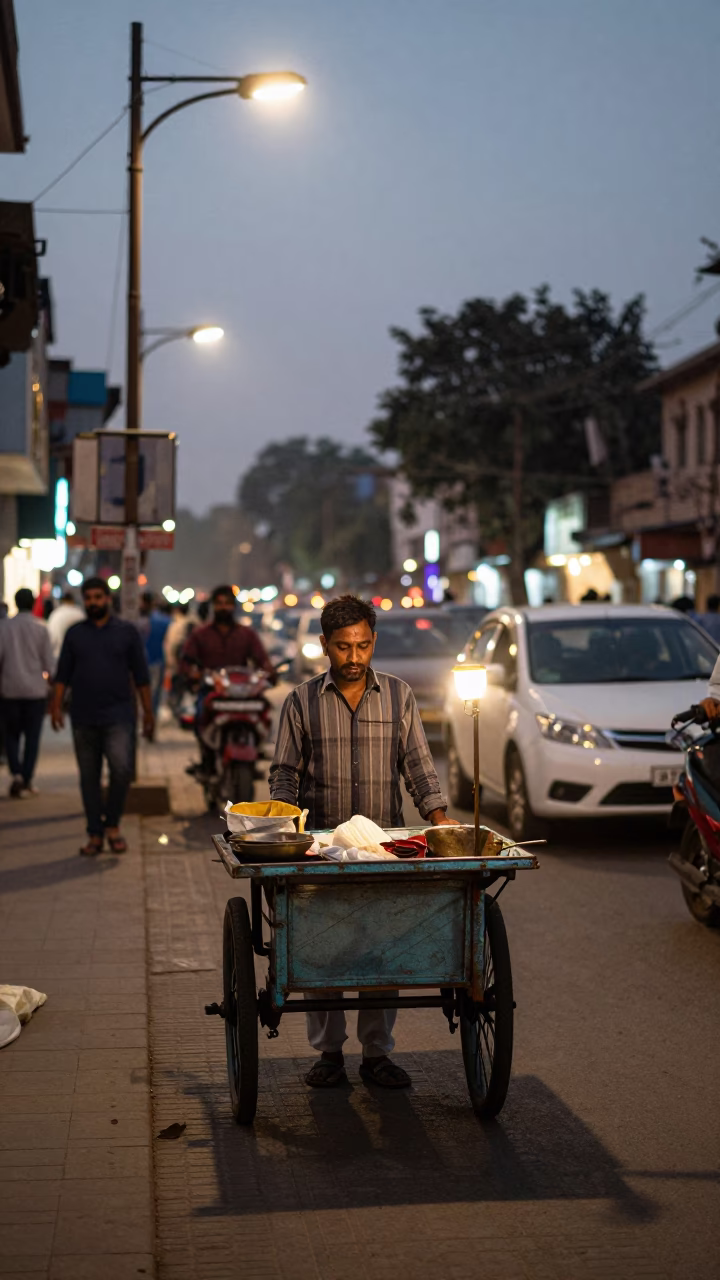 Delhi street scene at dusk with vendor cart and colorful plastic stools in in Delhi, India
