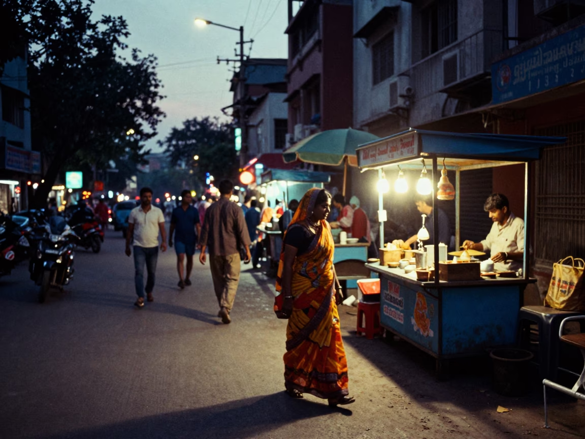 Delhi Street Scene at Dusk with Vibrant Colors and City Lights Glowing in in Delhi, India