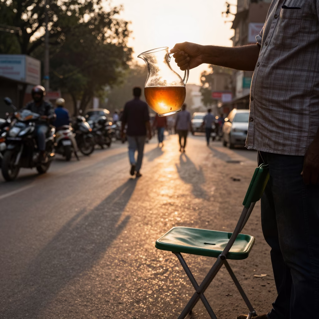 Delhi street scene at golden hour with glass pitcher and folding chair in in Delhi, India