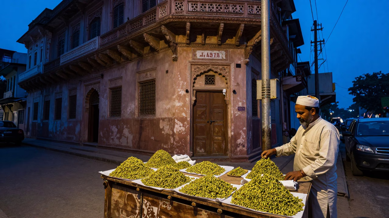 Delhi Street Scene at Indigo Twilight After Sunset in in Delhi, India